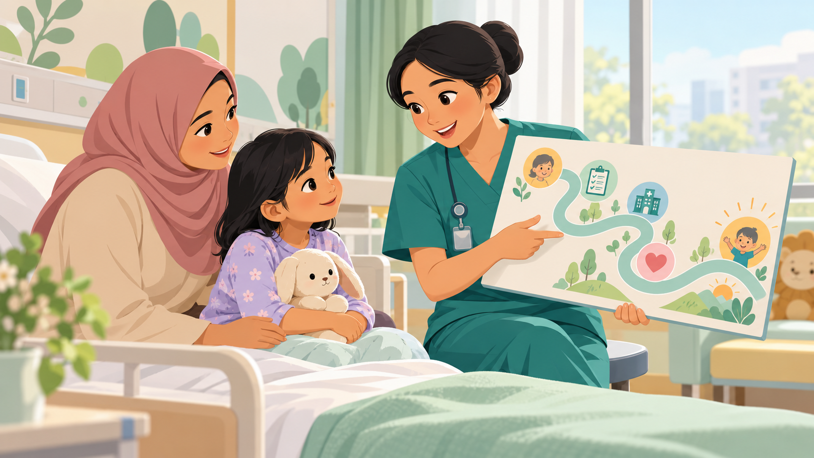 Ilustrasi perawat mendampingi anak dan keluarga saat belajar tentang perawatan